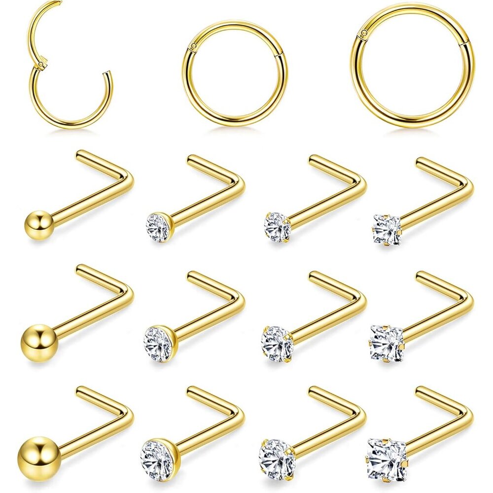 Elegant 14k Gold Plated Nose Jewelry 18g Hoops And 20g Studs Collection
